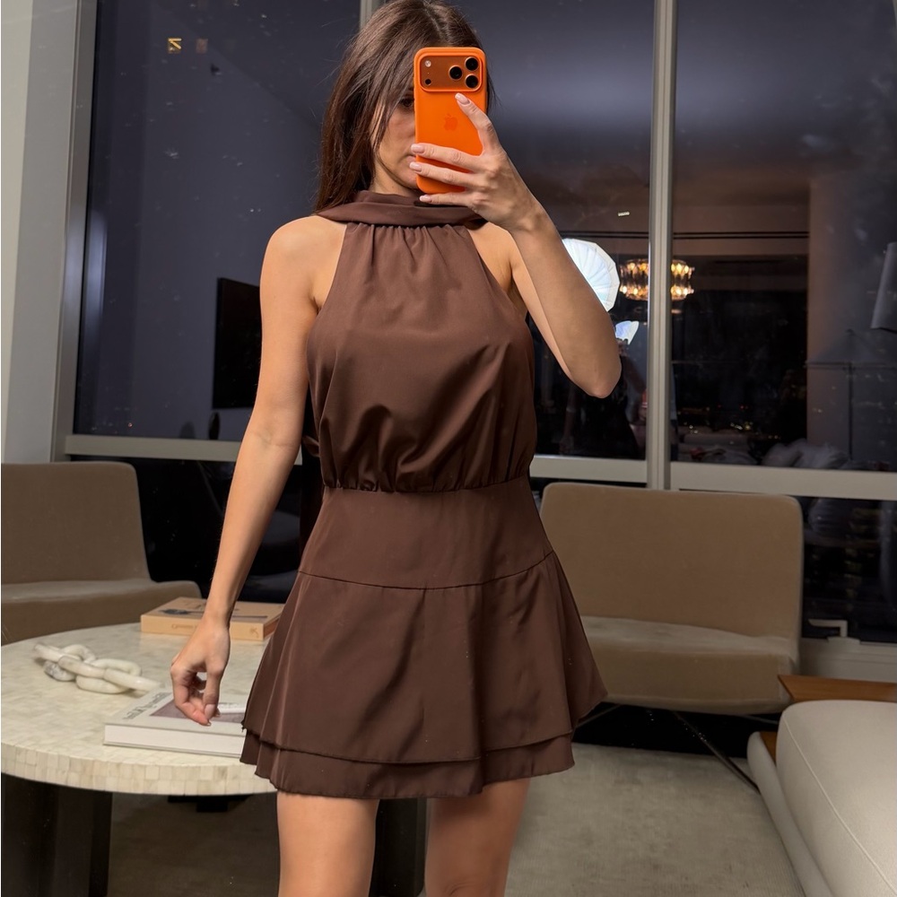 SHEIN Chocolate Brown Halter Mini Dress